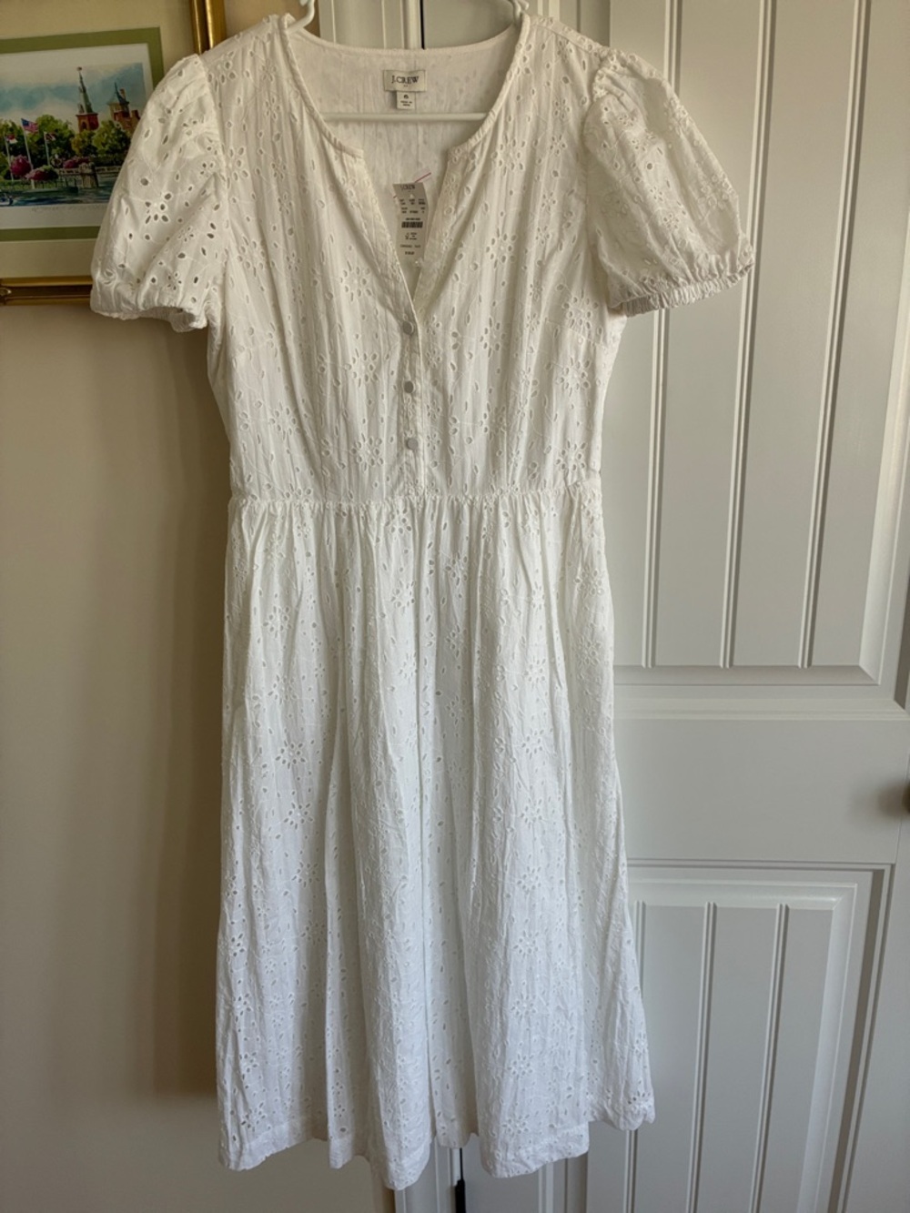 J. Crew White Eyelet Midi Dress with Puff Sleeves and V-Neck